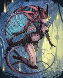 Rule 34 | 1girl, alien, claws, egg, fantasy, grey eyes, horns, light smile, looking at viewer, monster, monster girl, nest, original, pointy ears, see-through, solo, tail, takotto, tentacles