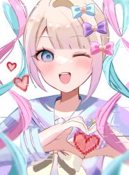 Rule 34 | 1girl, ;d, blonde hair, blue bow, blue eyes, blue hair, blue nails, blue shirt, blush, bow, chouzetsusaikawa tenshi-chan, chromatic aberration, glitch, hair bow, hair ornament, heart, heart hair ornament, heart hands, highres, long hair, long sleeves, looking at viewer, multicolored hair, multicolored nails, needy girl overdose, one eye closed, open mouth, pink bow, pink hair, pixel heart, purple bow, quad tails, sailor collar, shiro (dkau3374), shirt, smile, solo, twintails, upper body, white background, yellow bow, yellow nails
