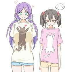 Rule 34 | ..., 10s, 2girls, arms behind back, black hair, blue eyes, breast envy, breasts, cat, commentary request, flat chest, hair ribbon, heart, looking down, love live!, love live! school idol project, low twintails, multiple girls, purple hair, red eyes, ribbon, shorts, smile, spoken ellipsis, standing, takanashi (29138039), tojo nozomi, twintails, yazawa nico
