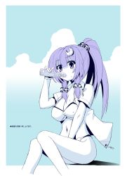 Rule 34 | 1girl, alternate hairstyle, betei, between legs, bikini, bottle, contemporary, crescent, crescent hair ornament, drinking, hair ornament, hair scrunchie, hand between legs, high ponytail, highres, no headwear, open clothes, open shirt, patchouli knowledge, ponytail, purple eyes, purple hair, scrunchie, shirt, solo, spot color, sweat, swimsuit, touhou, zanshomimai