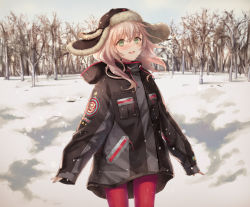 1girl arms_at_sides black_coat blush breath coat cold cowboy_shot day female_focus fur_hat green_eyes grin hair_between_eyes hat heart long_hair long_sleeves looking_at_viewer open_mouth original outdoors pantyhose pink_hair pocket red_pantyhose round_teeth sleeves_past_wrists smile snow snowing solo standing sunlight teeth tree yutsumoe zipper zipper_pull_tab