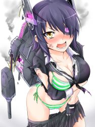 Rule 34 | 10s, 1girl, blush, bra, breast hold, breasts, cameltoe, cardigan, cleavage, collarbone, cowboy shot, damaged, dirty, dirty clothes, dirty face, eyepatch, female focus, fingerless gloves, gloves, green bra, green panties, headgear, kachirou, kantai collection, large breasts, looking at viewer, miniskirt, necktie, open mouth, panties, purple hair, school uniform, short hair, side-tie panties, skirt, skirt hold, smoke, solo, striped bra, striped clothes, striped panties, tears, tenryuu (kancolle), thighhighs, torn clothes, underwear, yellow eyes