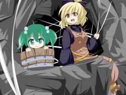 Rule 34 | 2girls, adda, blonde hair, bow, brown eyes, bucket, female focus, green eyes, green hair, hair bobbles, hair bow, hair ornament, highres, in bucket, in container, kisume, kurodani yamame, long sleeves, multiple girls, open mouth, puffy sleeves, short hair, silk, smile, spider web, touhou, twintails