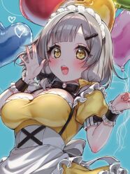 Rule 34 | 1girl, apron, balloon, blue background, blush, breasts, commentary request, detached collar, dress, grey hair, maid, maid apron, maid headdress, medium breasts, production kawaii, shee icho, simple background, solo, upper body, virtual youtuber, yayoi maka, yellow eyes