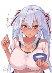 Rule 34 | 1girl, absurdres, alternate costume, bowl, breasts, brown eyes, cherry blossoms, collarbone, dark-skinned female, dark skin, flower, glasses, grey shirt, hair between eyes, hair flower, hair ornament, highres, holding, holding bowl, holding spoon, jewelry, kantai collection, large breasts, mashiro yukiya, musashi (kancolle), musashi kai ni (kancolle), ring, semi-rimless eyewear, shirt, solo, spoon, t-shirt, translated, twintails, upper body, wedding band