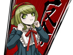 Rule 34 | 1girl, apron, badge, blue dress, blush, border, bow, child, closed mouth, collared dress, danganronpa (series), danganronpa another episode: ultra despair girls, dress, eyelashes, female focus, frown, green eyes, green hair, hair bow, hair ribbon, hairband, hands up, headband, japanese text, long sleeves, looking up, matching hair/eyes, motion lines, bowtie, neck ribbon, puffy cheeks, red background, red bow, red hairband, red headband, red headwear, red ribbon, ribbon, solo, solo focus, towa monaca, upper body, white apron, white border