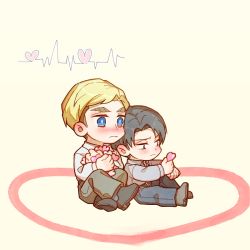 Rule 34 | 2boys, belt, black footwear, black hair, blonde hair, blue eyes, blue pants, blush, brown hair, chibi, collared shirt, crossed legs, embarrassed, erwin smith, full body, ggggg, grey shirt, heart, heartbeat, holding, holding heart, knee up, knees up, leaning on person, levi (shingeki no kyojin), long sleeves, looking away, male focus, multiple boys, outstretched arm, outstretched leg, pants, shingeki no kyojin, shirt, shoes, short hair, side-by-side, simple background, sitting, white shirt, yaoi, yellow background