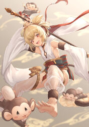 Rule 34 | 1girl, andira (granblue fantasy), animal ears, antenna hair, arm up, barefoot, beruu, blonde hair, breasts, cleavage, detached pants, detached sleeves, feet, granblue fantasy, hagoromo, hairband, highres, holding, holding staff, looking at viewer, monkey, monkey ears, monkey girl, monkey tail, open mouth, outstretched arm, red eyes, sash, shawl, short hair, small breasts, smile, soles, solo, staff, tail, toes, two side up, wide sleeves