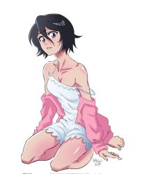 Rule 34 | 1girl, black hair, bleach, breasts, camisole, cleavage, commentary, dress, english commentary, hair between eyes, highres, kuchiki rukia, looking at viewer, medium breasts, off shoulder, purple eyes, rakusakugk, short hair, simple background, smile, solo, white background