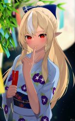 Rule 34 | 1girl, absurdres, bizusuhatu123, blonde hair, blue bow, blue kimono, blurry, blurry background, blurry foreground, blush, bow, breasts, closed mouth, collarbone, commentary request, dark-skinned female, dark skin, depth of field, eyelashes, finger to mouth, floral print, full moon, hair between eyes, hair bow, hands up, highres, holding, hololive, japanese clothes, kimono, leaf, long hair, looking at viewer, medium breasts, moon, multicolored hair, night, night sky, obi, plant, pointy ears, print kimono, red eyes, sash, shadow, shiranui flare, sidelocks, signature, sky, smile, solo, streaked hair, tanabata, tanzaku, upper body, virtual youtuber, white hair, wide sleeves, yukata
