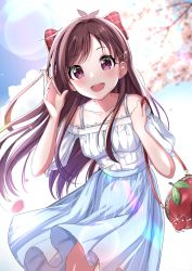 Rule 34 | 1girl, :d, bag, bare shoulders, blue skirt, blue sky, blurry, blurry background, blush, bow, breasts, brown hair, cloud, commentary request, day, depth of field, dress shirt, fingernails, hair bow, hair ornament, hairclip, hands up, highres, idolmaster, idolmaster cinderella girls, idolmaster cinderella girls starlight stage, leaning forward, long hair, off-shoulder shirt, off shoulder, open mouth, outdoors, petals, plaid, plaid bow, puffy short sleeves, puffy sleeves, purple eyes, red bow, round teeth, shirt, short sleeves, shoulder bag, skirt, sky, small breasts, smile, solo, striped clothes, striped skirt, sutoroa, teeth, tsujino akari, upper teeth only, vertical-striped clothes, vertical-striped skirt, very long hair, white shirt