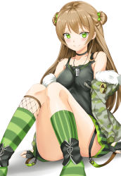 Rule 34 | 1girl, absurdres, artist request, blush, brown hair, choker, convenient censoring, dog tags, fur trim, girls&#039; frontline, green eyes, highres, jacket, long hair, looking at viewer, radiation symbol, rfb (girls&#039; frontline), sitting, skirt, smile, socks, solo, striped clothes, striped socks, tank top, vertical-striped clothes, vertical-striped socks