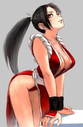 Rule 34 | 1girl, bare shoulders, breasts, brown eyes, brown hair, cleavage, collarbone, fatal fury, fingernails, green eyes, hair ornament, hip focus, japanese clothes, large breasts, lipstick, long hair, looking at viewer, makeup, no bra, ponytail, red eyes, shiranui mai, simple background, snk, solo, source request, teeth, the king of fighters