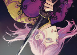 Rule 34 | 1boy, aqua eyes, chinese clothes, closed mouth, collared shirt, expressionless, floating hair, from side, holding, holding sword, holding weapon, katana, long sleeves, looking at viewer, male focus, pink hair, portrait, purple shirt, sanzu haruchiyo, scar, scar on face, shigotopine, shirt, simple background, solo, sword, tokyo revengers, upside-down, weapon