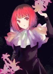 Rule 34 | 1girl, absurdres, arima kana, arm up, black dress, dress, frilled dress, frills, highres, light particles, long sleeves, looking at viewer, oshi no ko, parted lips, purple background, red eyes, red hair, short hair, silhouette, solo, xiang yu pai