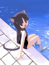 Rule 34 | 1girl, :d, animal ears, arm support, barefoot, black hair, black one-piece swimsuit, cat ears, cat girl, cat tail, child, from above, houmitsu, looking at viewer, one-piece swimsuit, open mouth, original, pool, poolside, school swimsuit, sitting, smile, soaking feet, solo, swimsuit, tail, water