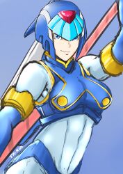 Rule 34 | 1girl, absurdres, android, arm up, artist name, blue background, blue eyes, breasts, closed mouth, helmet, highres, holding, holding polearm, holding weapon, fairy leviathan (mega man), looking at viewer, medium breasts, mega man (series), mega man x (series), mega man x dive, mega man zero (series), polearm, robot, robot girl, signature, simple background, smile, solo, spear, tk-kun, tk1993, upper body, weapon