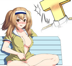 Rule 34 | 1boy, 1girl, 846-gou, :q, abe takakazu, areola slip, bad id, bad pixiv id, bench, blush, bottomless, breasts, brown eyes, brown hair, center opening, cleavage, collarbone, covered erect nipples, hairband, i-26 (kancolle), kantai collection, kuso miso technique, large breasts, licking lips, long hair, looking at viewer, meme, military, military uniform, naked shirt, nose blush, park bench, parody, sailor collar, seductive smile, shirt, short sleeves, sitting, smile, t-head admiral, tongue, tongue out, two-tone hairband, two side up, undressing, uniform, unzipping, yaranaika