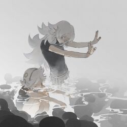 Rule 34 | 1boy, 1girl, absurdres, black shirt, closed eyes, highres, long hair, original, outstretched arms, partially submerged, shirt, short hair, short sleeves, sitting, standing, wading, water, wei shimao, white hair