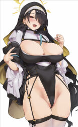 Rule 34 | 1girl, asymmetrical bangs, black hair, blue archive, breasts, cleavage, cleavage cutout, cleft of venus, clothing cutout, coif, cross, cross earrings, earrings, eyes visible through hair, garter belt, garter straps, hair over one eye, halo, highres, hinata (blue archive), jewelry, kurowa, large breasts, latex, latex legwear, latex leotard, latin cross, leotard, long sleeves, nun, open mouth, partially visible vulva, red eyes, simple background, smile, solo, thighhighs, white background, white thighhighs