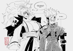 Rule 34 | 1boy, 1girl, amputee, baiken, big hair, breasts, facial tattoo, guilty gear, guilty gear strive, highres, i think we&#039;re gonna have to kill this guy steven (meme), japan, japanese clothes, kataginu, large breasts, meme, monochrome, noodleshopkenz, samurai, scar, scar across eye, tattoo, trigun, vash the stampede