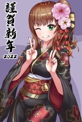 Rule 34 | 1girl, 2022, absurdres, black kimono, breasts, brown hair, commentary request, double v, floral print, flower, green eyes, grin, hair flower, hair ornament, highres, japanese clothes, kimono, long hair, long sleeves, looking at viewer, nail polish, obi, one eye closed, original, pink flower, print kimono, purple background, red nails, sash, sean (ypc912), side ponytail, small breasts, smile, solo, translation request, two-tone background, v, wide sleeves