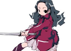 Rule 34 | 1girl, dress, fighting stance, green eyes, green hair, holding, holding sword, holding weapon, long hair, long sleeves, looking at viewer, matching hair/eyes, najimi shin, original, red dress, simple background, solo, sword, unsheathed, very long hair, weapon, white background