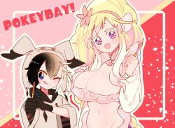 Rule 34 | 1boy, 1girl, alternate color, black gloves, black hair, blonde hair, blue eyes, blush, braid, breasts, collarbone, colored eyelashes, creatures (company), fang, food, game freak, gen 7 pokemon, gloves, grey hat, grey shirt, hat, holding, holding food, holding pocky, huge breasts, licking lips, long braid, long hair, looking at viewer, mimikyu, navel, nintendo, one eye closed, personification, pocky, pocky day, pokemon, primarina, shiny pokemon, shirt, star (symbol), star in eye, symbol in eye, tongue, tongue out, two-tone background, wide sleeves, yuzu ichika