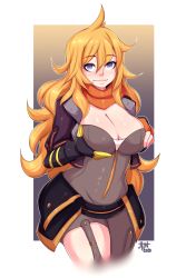 Rule 34 | 1girl, 5-ish (crevettavt), ahoge, blonde hair, blush, breasts, cleavage, curvy, highres, jacket, large breasts, long hair, looking at viewer, prosthesis, prosthetic arm, purple eyes, rwby, scarf, smile, solo, thighs, yang xiao long
