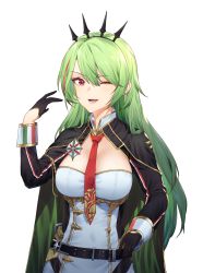Rule 34 | 1girl, absurdres, azur lane, belt, black gloves, black sleeves, breasts, cape, commission, detached sleeves, earrings, gloves, gold trim, green cape, green hair, hair between eyes, hair ornament, half gloves, highres, italian flag, jewelry, littorio (azur lane), long hair, long sleeves, medal, medium breasts, necktie, one eye closed, red eyes, red necktie, shinidei, simple background, solo