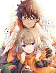 Rule 34 | 1boy, 1girl, blue eyes, breast tattoo, breasts, brown hair, cleavage, dark-skinned male, dark skin, eunie (xenoblade), glasses, head wings, highres, medium breasts, mondo (xenoblade 3), musical note, orange scarf, scarf, shared clothes, shared scarf, smile, spoken musical note, sweatdrop, taion (xenoblade), tattoo, ui frara, upper body, white wings, wings, xenoblade chronicles (series), xenoblade chronicles 3