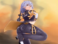 Rule 34 | 1girl, artist request, ass, breasts, covered erect nipples, from behind, girls&#039; frontline, glasses, gloves, gun, highres, jacket, large breasts, looking at viewer, pants, red eyes, short hair, silver hair, solo, submachine gun, thompson (girls&#039; frontline), weapon