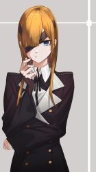 Rule 34 | 1girl, :t, black coat, black ribbon, blue eyes, closed mouth, coat, eyepatch, fate/grand order, fate (series), highres, long hair, long sleeves, looking at viewer, neck ribbon, one eye covered, ophelia phamrsolone, orange hair, ribbon, scratching cheek, solo, two-tone background, upper body, v-shaped eyebrows, xiujia yihuizi