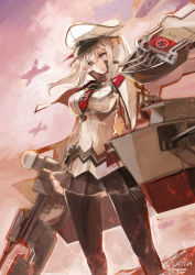 Rule 34 | 1girl, absurdres, aircraft, airplane, black gloves, black pantyhose, blonde hair, blue eyes, blush, breasts, cannon, capelet, cross, gloves, graf zeppelin (kancolle), grey eyes, hair between eyes, hat, highres, impossible clothes, jacket, kantai collection, large breasts, long hair, looking at viewer, machinery, military, military uniform, miniskirt, nagasawa tougo, necktie, pantyhose, peaked cap, sidelocks, skirt, turret, twintails, uniform