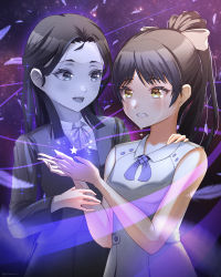 Rule 34 | 2girls, aged down, birthday, black hair, blush, breasts, clenched teeth, commentary request, crying, crying with eyes open, feathers, hair ribbon, half updo, hazuki hana, hazuki ren, high ponytail, highres, long hair, love live!, love live! superstar!!, mother and daughter, multiple girls, notinversion, ponytail, ribbon, school uniform, small breasts, spirit, star (symbol), tears, teeth, time paradox, upper body, wish song, yellow eyes, yuigaoka school uniform