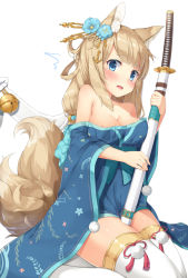Rule 34 | 1girl, animal ears, areola slip, azur lane, bare shoulders, bell, between legs, between thighs, blonde hair, blue bow, blue dress, blue eyes, blue kimono, blush, bow, breasts, cleavage, commentary request, dress, flower, fujieda uzuki, hair flower, hair ornament, hair stick, highres, holding, japanese clothes, jingle bell, katana, kimono, long hair, long sleeves, looking at viewer, medium breasts, niizuki (azur lane), off-shoulder dress, off shoulder, open mouth, pom pom (clothes), red ribbon, ribbon, sheath, sheathed, simple background, sitting, solo focus, sword, tail, tareme, thighhighs, weapon, white background, white thighhighs, wide sleeves, zettai ryouiki