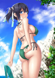 Rule 34 | 1girl, ass, back, bad anatomy, bad arm, bikini, blue eyes, blue hair, blue sky, blush, breasts, butt crack, commentary request, cowboy shot, day, green bikini, hair between eyes, highres, kantai collection, kuromayu, large breasts, long hair, ocean, open mouth, sky, solo, souryuu (kancolle), swimsuit, twintails, wet