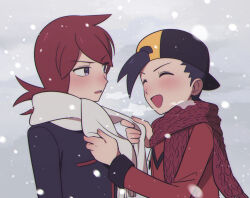 2boys backwards_hat baseball_cap black_hair blue_jacket blush chueog closed_eyes creatures_(company) ethan_(pokemon) game_freak hat jacket korean_commentary long_hair looking_at_another male_focus multiple_boys nintendo open_mouth pokemon pokemon_hgss purple_eyes red_hair red_jacket red_scarf scarf silver_(pokemon) snow snowing upper_body white_scarf