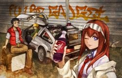 Rule 34 | 1girl, 2boys, anpei, anpei kaneshiro, back to the future, bad id, bad pixiv id, blue eyes, bottle, car, cosplay, crossover, delorean, dr pepper, emmett brown, emmett brown (cosplay), english text, gullwing doors, hashida itaru, hat, holding, holding bottle, life vest, makise kurisu, marty mcfly, marty mcfly (cosplay), microwave, motor vehicle, multiple boys, necktie, okabe rintarou, one eye closed, parted lips, red hair, red necktie, smile, soda, steins;gate, sunglasses, vehicle, wink