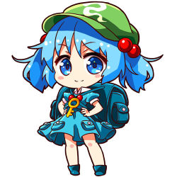 Rule 34 | 1girl, backpack, bag, blue dress, blue eyes, blue footwear, blue hair, blush stickers, boots, chibi, dress, flat cap, full body, green hat, hair bobbles, hair ornament, hands on own hips, hat, kawashiro nitori, key, looking at viewer, lowres, matching hair/eyes, pocket, puffy short sleeves, puffy sleeves, renren (ah renren), short sleeves, simple background, smile, solo, standing, touhou, twintails, white background