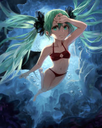 Rule 34 | 1girl, air bubble, aqua eyes, aqua hair, arm up, armpits, bare legs, barefoot, bikini, breasts, bubble, cleavage, cleavage cutout, clothing cutout, diving, foreshortening, full body, hair between eyes, hair ornament, hair scrunchie, hand on forehead, hatsune miku, highres, leg up, leiq, long hair, looking at viewer, navel, outdoors, parted lips, red bikini, rock, school of fish, scrunchie, small breasts, smile, solo, stomach, submerged, swimsuit, twintails, underwater, very long hair, vocaloid, water
