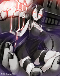 Rule 34 | 10s, 1girl, abyssal ship, bare shoulders, battleship princess, black dress, black hair, breasts, choker, cleavage, collarbone, dated, dress, glowing, glowing eyes, hair between eyes, highres, horns, kantai collection, large breasts, long hair, looking at viewer, pale skin, red eyes, short dress, sitting, smile, solo, spaghetti strap, thigh strap, twitter username, very long hair, yu-ta