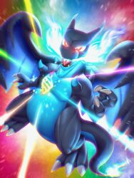 Rule 34 | 1boy, black skin, blue skin, breath weapon, charizard, claws, colored skin, commentary, creatures (company), dragon, dragon tail, english commentary, fangs, fire, flame-tipped tail, game freak, gen 1 pokemon, glowing, glowing eyes, highres, horns, mega charizard x, mega evolution, mega evolution symbol, mega pokemon, multicolored skin, nintendo, no humans, no lineart, open mouth, pokemon, pokemon (creature), rainbow, red eyes, tail, tongue, transformation, tropicalcyclone, two-tone skin, wings