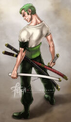 Rule 34 | 1boy, artist name, bandana around arm, closed mouth, commentary, earrings, english commentary, franciscoetchart, full body, green hair, highres, holding, holding sheath, holding sword, holding weapon, jewelry, katana, male focus, one piece, roronoa zoro, sheath, shirt, short hair, short sleeves, signature, single earring, solo, standing, sword, watermark, weapon, web address, white shirt