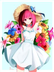 Rule 34 | 1girl, absurdres, arima kana, bare shoulders, blue background, blue bow, blue flower, bob cut, border, bow, chromatic aberration, clothing cutout, collarbone, commentary, dress, flower, flower request, frilled dress, frills, hand on headwear, hat, hat bow, highres, inverted bob, lilac10, looking at viewer, medium hair, no pupils, open mouth, oshi no ko, outside border, pink flower, pleated dress, red eyes, red hair, side cutout, signature, solo, spaghetti strap, straw hat, sun hat, sunflower, twitter username, white border, white dress