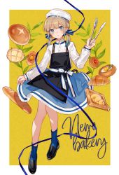 Rule 34 | 1other, androgynous, apple pie, apron, bad id, bad pixiv id, baker nemo (fate), black apron, black footwear, blue eyes, blue hair, blue skirt, blue socks, blush, braid, bread, brown hair, captain nemo (fate), chocoan, croissant, egg (food), fate/grand order, fate (series), food, french braid, full body, hat, highres, holding, loaf of bread, long hair, long sleeves, looking at viewer, melon bread, multicolored hair, nemo (fate), open mouth, pie, sailor hat, shirt, skirt, smile, socks, solo, sunny side up egg, tongs, twintails, white hat, white shirt