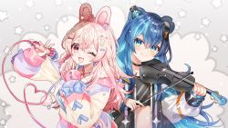 Rule 34 | 2girls, animal ears, bear ears, bear girl, blue eyes, blue hair, bow (music), braid, cable, commission, fujikura uruka, fujikura uruka (1st costume), hair between eyes, hair ornament, headphones, heart, heart hair ornament, highres, holding, holding instrument, holding microphone, holding violin, instrument, jacket, long hair, long sleeves, microphone, midriff, multiple girls, music, nail polish, one eye closed, open clothes, open jacket, open mouth, phase connect, pink eyes, pink hair, pink nails, pipkin pippa, pipkin pippa (1st costume), playing instrument, puffy sleeves, rabbit ears, rabbit girl, second-party source, shione (memento forest), smile, thick eyebrows, violin, virtual youtuber