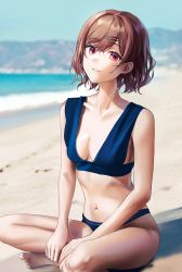 Rule 34 | 1girl, absurdres, bare arms, bare legs, beach, bikini, blue bikini, blurry, blurry background, breasts, brown hair, cleavage, collarbone, crossed legs, depth of field, feet, full body, hair ornament, hairclip, hand on own leg, highres, higuchi madoka, idolmaster, idolmaster shiny colors, light smile, looking at viewer, mole, mole under eye, nagul, navel, ocean, on floor, outdoors, parted lips, red eyes, sand, short hair, sitting, small breasts, solo, stomach, swimsuit, thighs, wavy hair