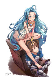 Rule 34 | 10s, 1boy, 1girl, :/, ahoge, armor, blue eyes, blue hair, blush, breasts, brown hair, choker, closed mouth, collarbone, dress, fighter (granblue fantasy), from above, gran (granblue fantasy), granblue fantasy, hands on another&#039;s head, highres, long hair, looking up, lyria (granblue fantasy), one eye closed, see-through, short hair, sitting, sjh, sleeveless, sleeveless dress, small breasts, strapless, strapless dress, sweatdrop, twitter username, very long hair, white background, white dress, wooden box