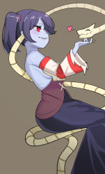 Rule 34 | 1girl, absurdres, blue hair, blue skin, blush, breasts, brown background, closed eyes, colored skin, detached sleeves, dress, hair over one eye, heart, highres, leviathan (skullgirls), open mouth, parted lips, red eyes, ribs, side ponytail, sideboob, skullgirls, smile, solo, squigly (skullgirls), stitched mouth, stitches, striped sleeves, zombie